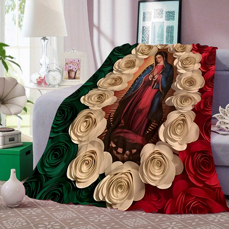 🔥Solange der Vorrat reicht 40 % Rabatt!🌷Flanell-Decke mit Jungfrau Maria und Rosen
