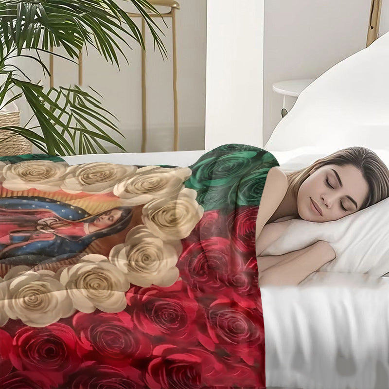 🔥Solange der Vorrat reicht 40 % Rabatt!🌷Flanell-Decke mit Jungfrau Maria und Rosen