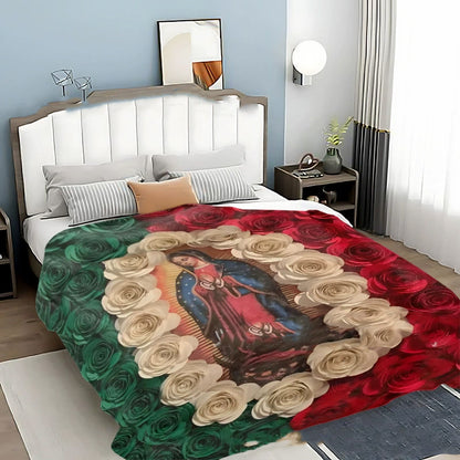 🔥Solange der Vorrat reicht 40 % Rabatt!🌷Flanell-Decke mit Jungfrau Maria und Rosen