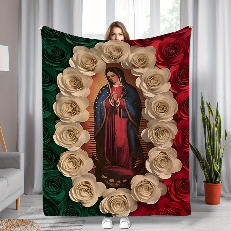 🔥Solange der Vorrat reicht 40 % Rabatt!🌷Flanell-Decke mit Jungfrau Maria und Rosen