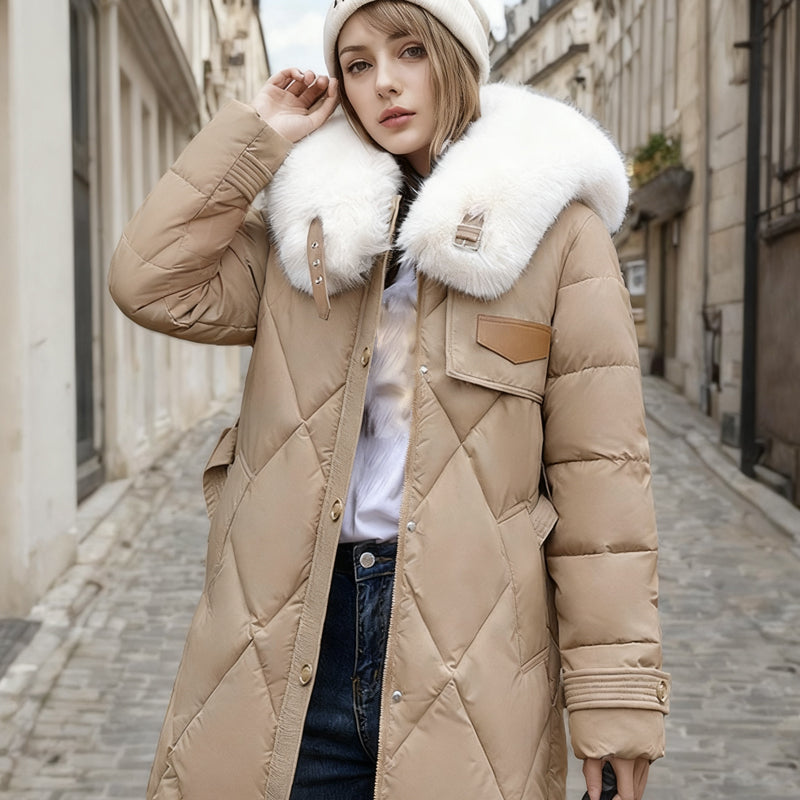 ❄️👚 Damen Lange Plüscht-Kragen Steppjacke – Wärme & Eleganz für den Winter!