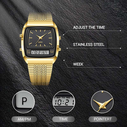 Herren Multifunktionsuhr mit Dual-Display – Quarz & Digital, Edelstahlarmband, wasserdicht ⌚💧