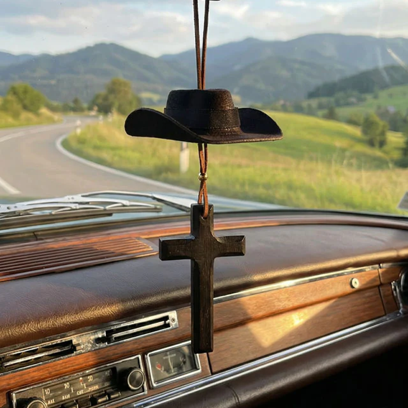 🔥Solange der Vorrat reicht 40 % Rabatt!🎉Cowboyhut & Kreuz-Autoanhänger