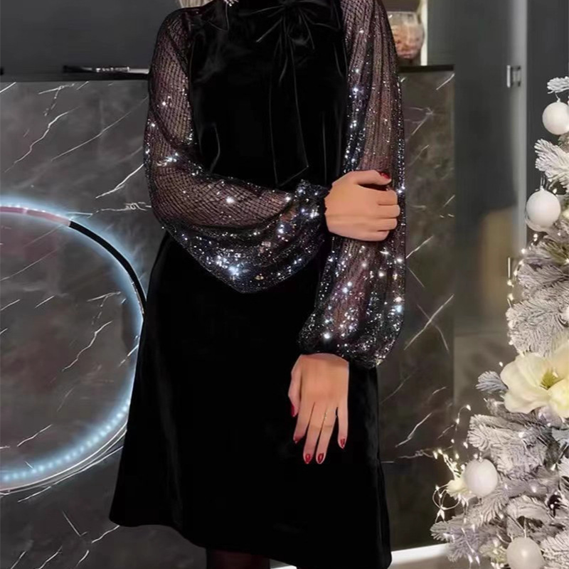 🔥Solange der Vorrat reicht 40 % Rabatt!🎉Damen Paillettenkleid mit Schleife am Kragen