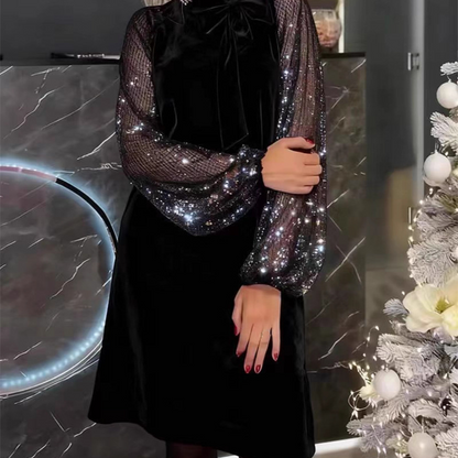 🔥Solange der Vorrat reicht 40 % Rabatt!🎉Damen Paillettenkleid mit Schleife am Kragen