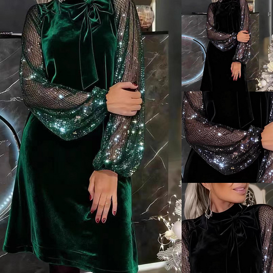 🔥Solange der Vorrat reicht 40 % Rabatt!🎉Damen Paillettenkleid mit Schleife am Kragen