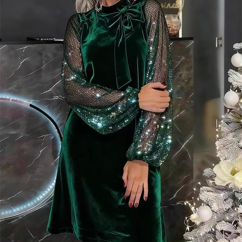 🔥Solange der Vorrat reicht 40 % Rabatt!🎉Damen Paillettenkleid mit Schleife am Kragen