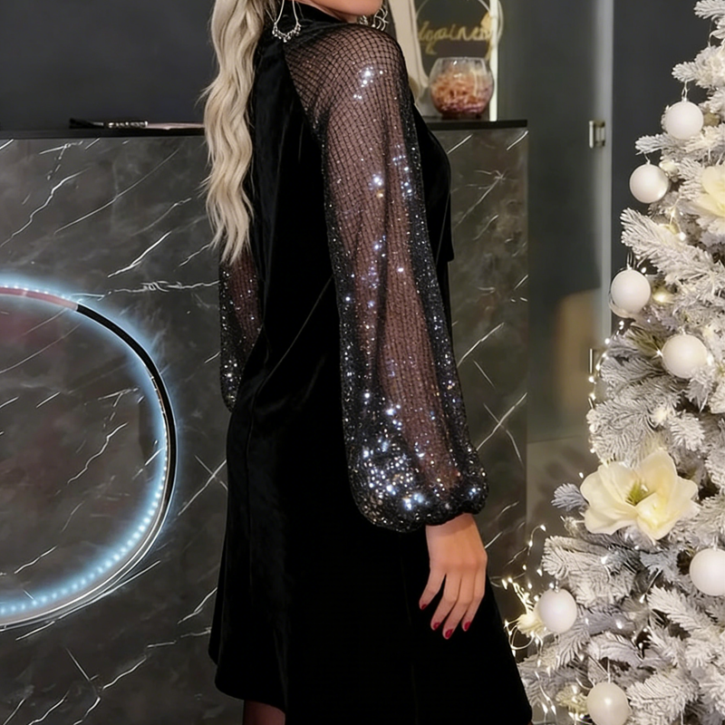 🔥Solange der Vorrat reicht 40 % Rabatt!🎉Damen Paillettenkleid mit Schleife am Kragen