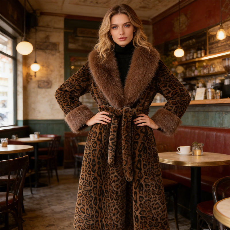 ✨🎅Weihnachtsangebote – Nur für kurze Zeit!⏰Damens Leopardenmuster-Mantel aus kuscheligem Kunstpelz mit Gürtel🧥