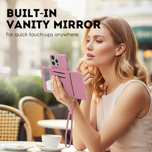 🔥Solange der Vorrat reicht 40 % Rabatt!🎉Schützende Handyhülle in Rosa mit Geldbörse, Spiegel und Handgelenkschlaufe