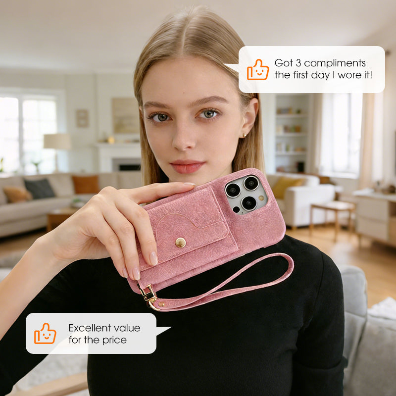🔥Solange der Vorrat reicht 40 % Rabatt!🎉Schützende Handyhülle in Rosa mit Geldbörse, Spiegel und Handgelenkschlaufe