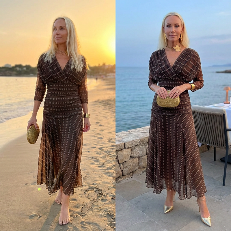 🎁2026 New Arrivals 50% OFF💥Bohemian V-Neck Ruched Mesh Maxi Dress