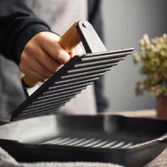 Gusseisen Steak- & Burgerpresse mit Holzgriff – Gleichmäßiges Garen & BBQ-Perfektion! 🍳🔥