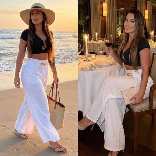 🔥Solange der Vorrat reicht 40 % Rabatt!🎉Damen-Hose mit hohem Bund, weitem Bein und Gürtelakzent💓