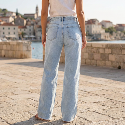 🔥Solange der Vorrat reicht 40 % Rabatt!🎉High-Waist Jeans mit weitem Bein und ausgefranstem Saum