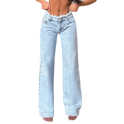 🔥Solange der Vorrat reicht 40 % Rabatt!🎉High-Waist Jeans mit weitem Bein und ausgefranstem Saum
