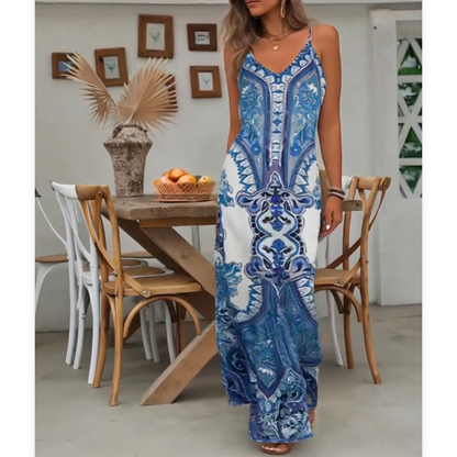 🔥Solange der Vorrat reicht 40 % Rabatt!🎉Retro-Print Maxikleid für Damen – Trägerlos mit V-Ausschnitt, Fließender Stoff & Perfekt für besondere Anlässe ✨
