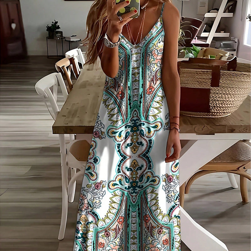 🔥Solange der Vorrat reicht 40 % Rabatt!🎉Retro-Print Maxikleid für Damen – Trägerlos mit V-Ausschnitt, Fließender Stoff & Perfekt für besondere Anlässe ✨