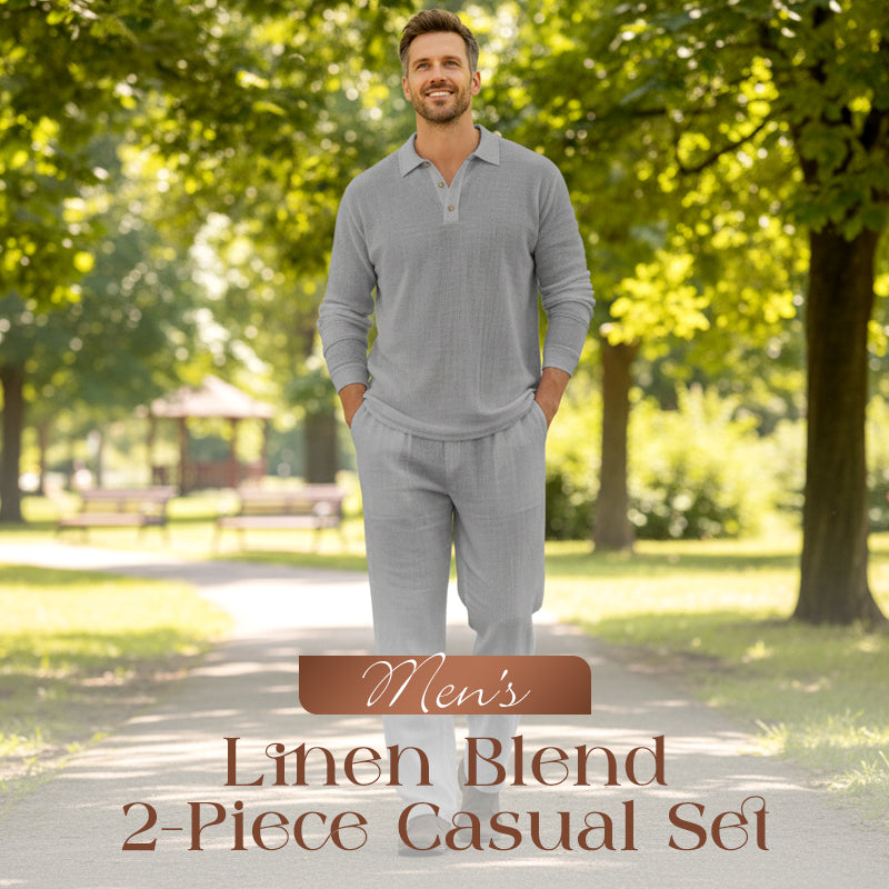 👕🌞 Herren 2-teiliger Freizeit-Set – Leinen Polo-Shirt mit langen Ärmeln & Lange Hose, Ideal für Frühling & Sommer