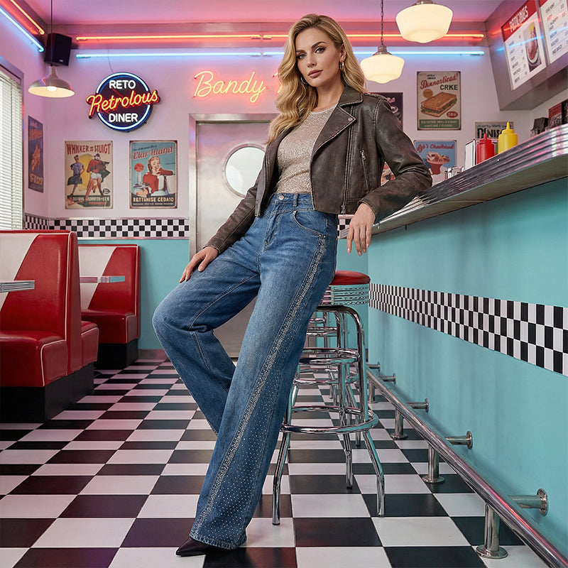 🔥Solange der Vorrat reicht 40 % Rabatt!💎Damenjeans mit Strassverzierung und weitem Bein