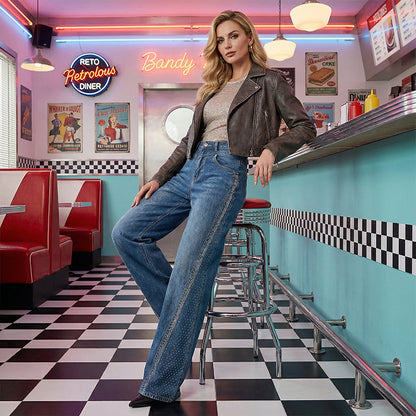 🔥Solange der Vorrat reicht 40 % Rabatt!💎Damenjeans mit Strassverzierung und weitem Bein