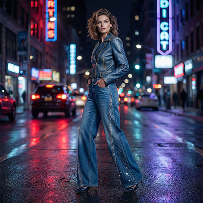 🔥Solange der Vorrat reicht 40 % Rabatt!💎Damenjeans mit Strassverzierung und weitem Bein