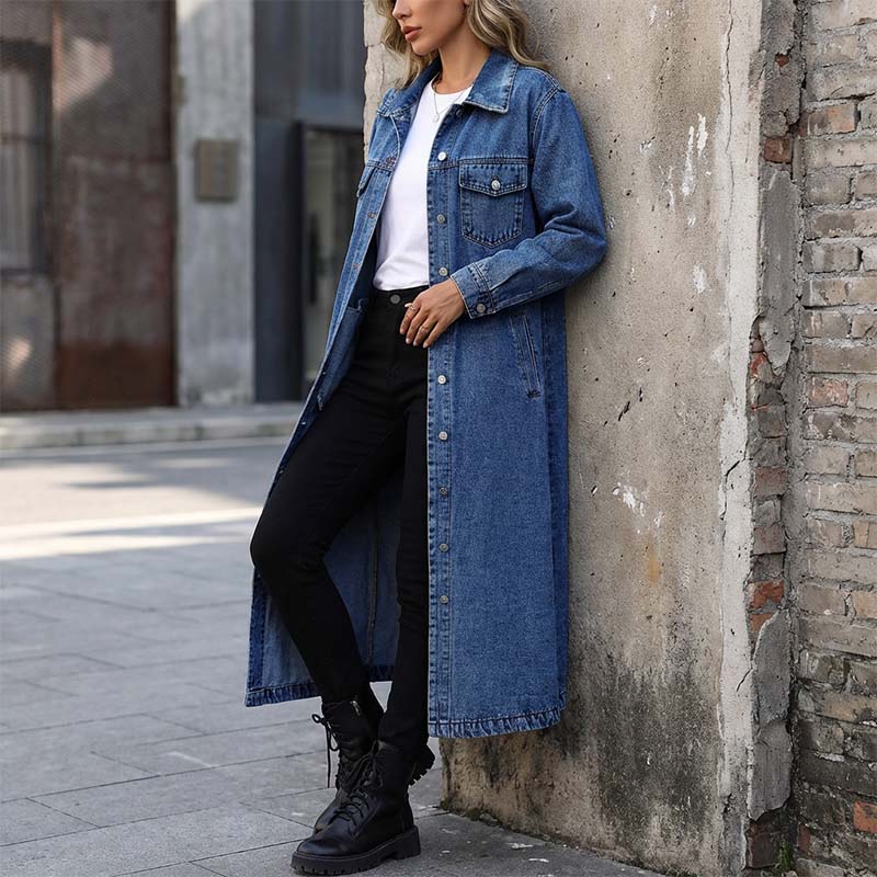📢📢50 % Rabatt!! ⏰👖【Lange Jeansjacke】—— Zugeknöpft für Eleganz, aufgeknöpft für Flair – ein Kleidungsstück, mit dem Sie den Stil im Frühling und Herbst meistern!🤠💙✨