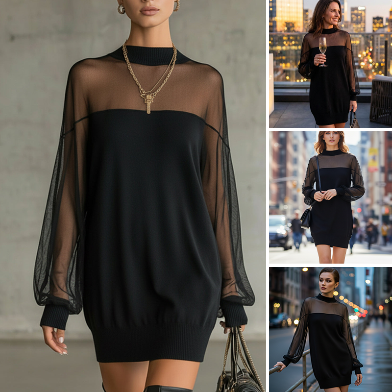 🔥Solange der Vorrat reicht 40 % Rabatt!🎉Minikleid mit transparentem Mesh-Einsatz und Stehkragen