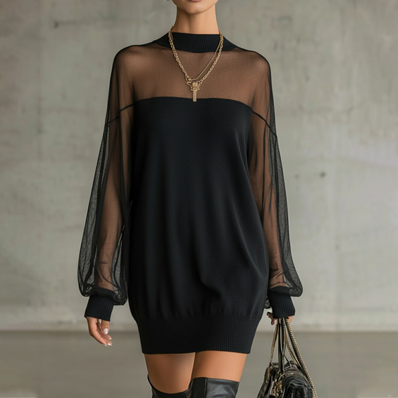 🔥Solange der Vorrat reicht 40 % Rabatt!🎉Minikleid mit transparentem Mesh-Einsatz und Stehkragen