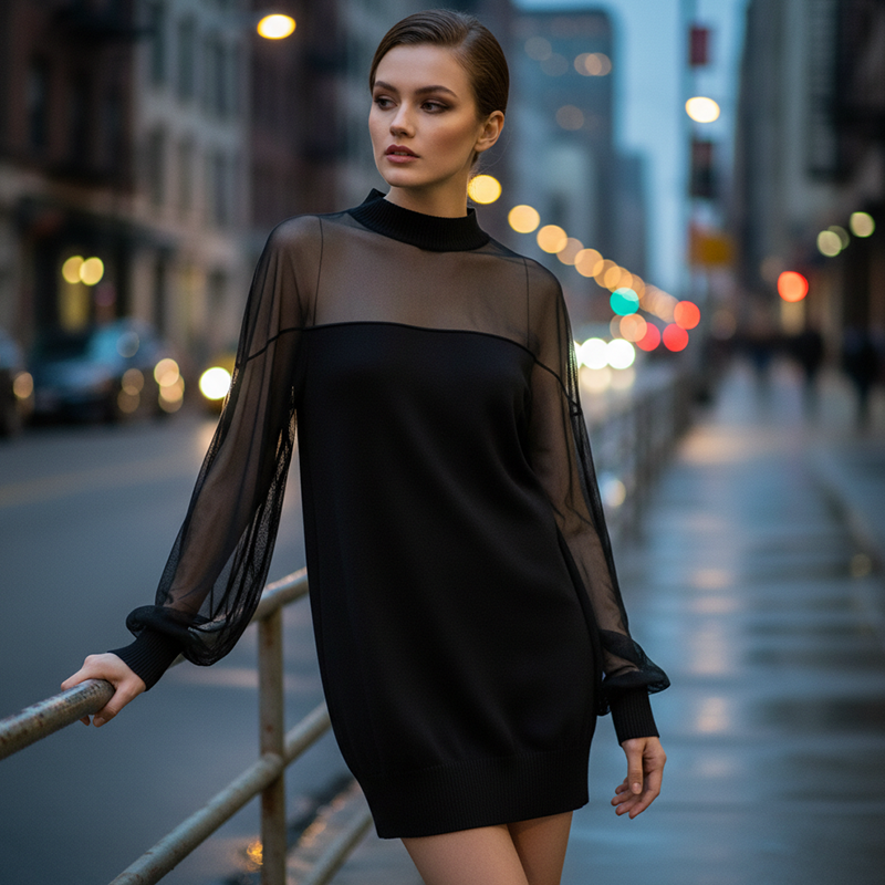 🔥Solange der Vorrat reicht 40 % Rabatt!🎉Minikleid mit transparentem Mesh-Einsatz und Stehkragen