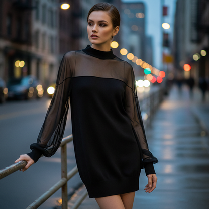 🔥Solange der Vorrat reicht 40 % Rabatt!🎉Minikleid mit transparentem Mesh-Einsatz und Stehkragen