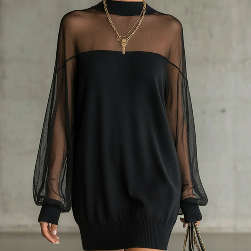 🔥Solange der Vorrat reicht 40 % Rabatt!🎉Minikleid mit transparentem Mesh-Einsatz und Stehkragen