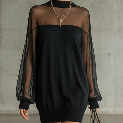 🔥Solange der Vorrat reicht 40 % Rabatt!🎉Minikleid mit transparentem Mesh-Einsatz und Stehkragen