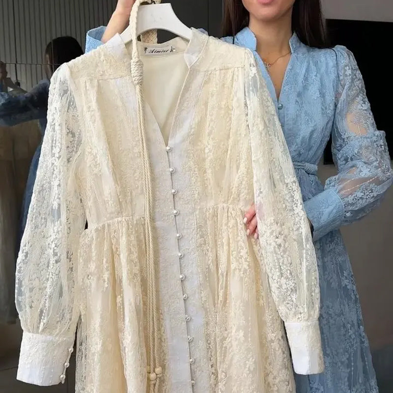 🔥Solange der Vorrat reicht 40 % Rabatt!🎉Vintage besticktes Kleid mit Laternenärmeln