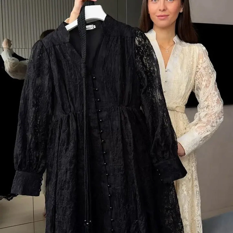 🔥Solange der Vorrat reicht 40 % Rabatt!🎉Vintage besticktes Kleid mit Laternenärmeln
