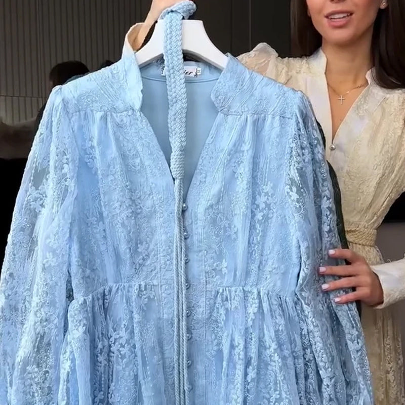🔥Solange der Vorrat reicht 40 % Rabatt!🎉Vintage besticktes Kleid mit Laternenärmeln