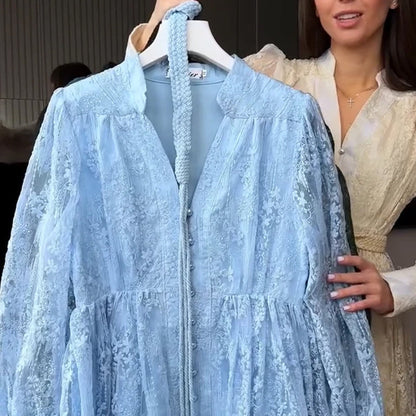 🔥Solange der Vorrat reicht 40 % Rabatt!🎉Vintage besticktes Kleid mit Laternenärmeln