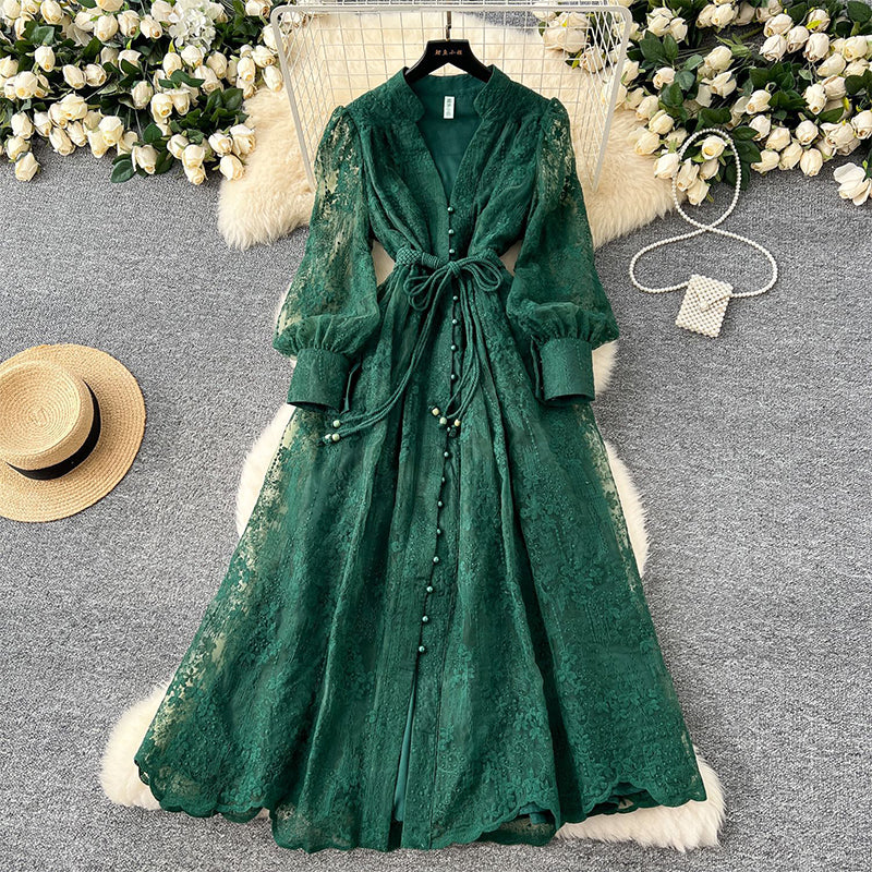 🔥Solange der Vorrat reicht 40 % Rabatt!🎉Vintage besticktes Kleid mit Laternenärmeln