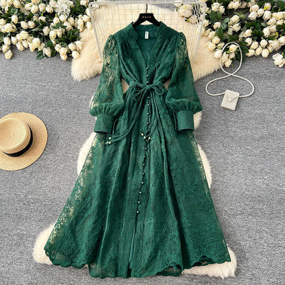 🔥Solange der Vorrat reicht 40 % Rabatt!🎉Vintage besticktes Kleid mit Laternenärmeln