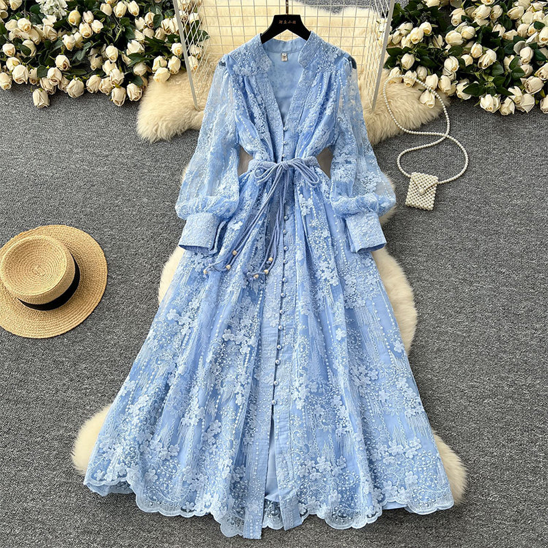 🔥Solange der Vorrat reicht 40 % Rabatt!🎉Vintage besticktes Kleid mit Laternenärmeln
