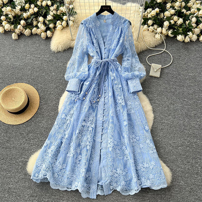 🔥Solange der Vorrat reicht 40 % Rabatt!🎉Vintage besticktes Kleid mit Laternenärmeln