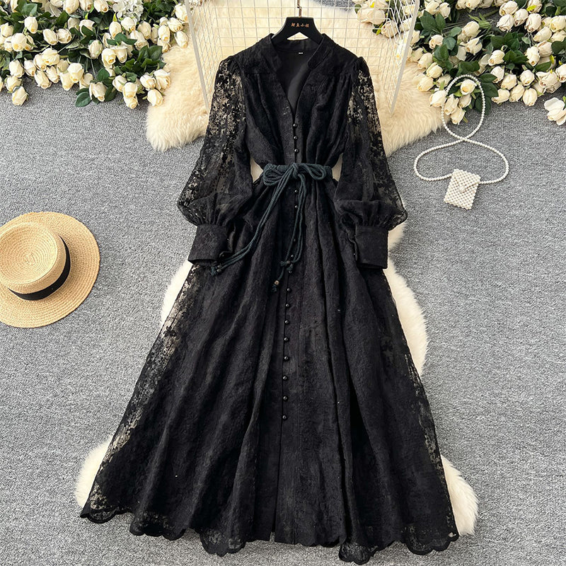 🔥Solange der Vorrat reicht 40 % Rabatt!🎉Vintage besticktes Kleid mit Laternenärmeln