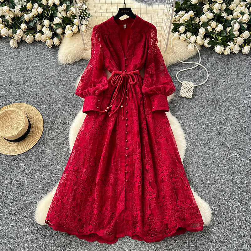 🔥Solange der Vorrat reicht 40 % Rabatt!🎉Vintage besticktes Kleid mit Laternenärmeln