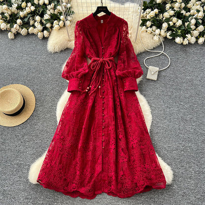 🔥Solange der Vorrat reicht 40 % Rabatt!🎉Vintage besticktes Kleid mit Laternenärmeln