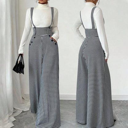 ✨🔥Klassische Damen-Hose mit hohem Bund, Hosenträgern und Hahnentrittmuster💞