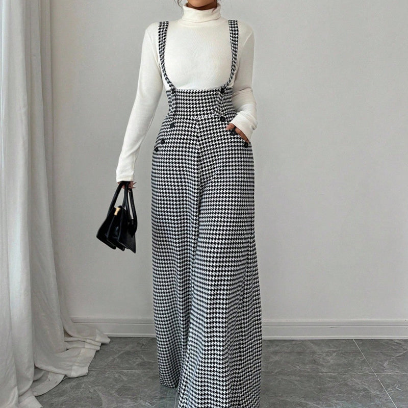 ✨🔥Klassische Damen-Hose mit hohem Bund, Hosenträgern und Hahnentrittmuster💞