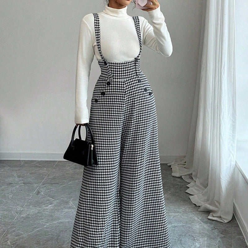 ✨🔥Klassische Damen-Hose mit hohem Bund, Hosenträgern und Hahnentrittmuster💞