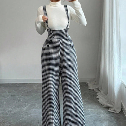 ✨🔥Klassische Damen-Hose mit hohem Bund, Hosenträgern und Hahnentrittmuster💞