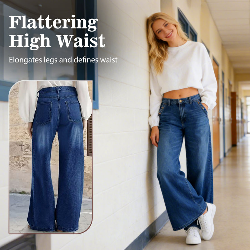 🔥Solange der Vorrat reicht 40 % Rabatt!🎉Hoch taillierte Jeans mit weitem Bein und Knopfdetail