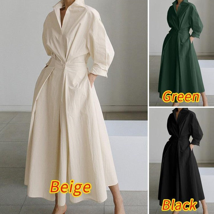 🔥Solange der Vorrat reicht 40 % Rabatt!🎉Einfarbiges Hemdkleid mit Revers aus Baumwolle für Damen